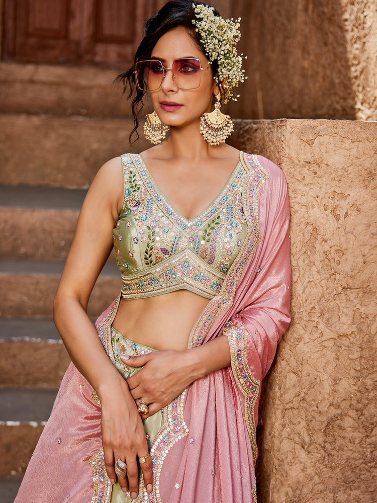 Lime Green Silk Semi-Stitched Lehenga Choli Set with Sequins & Thread Embroidery Clothsvilla