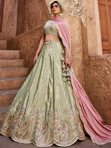 Lime Green Silk Semi-Stitched Lehenga Choli Set with Sequins & Thread Embroidery Clothsvilla