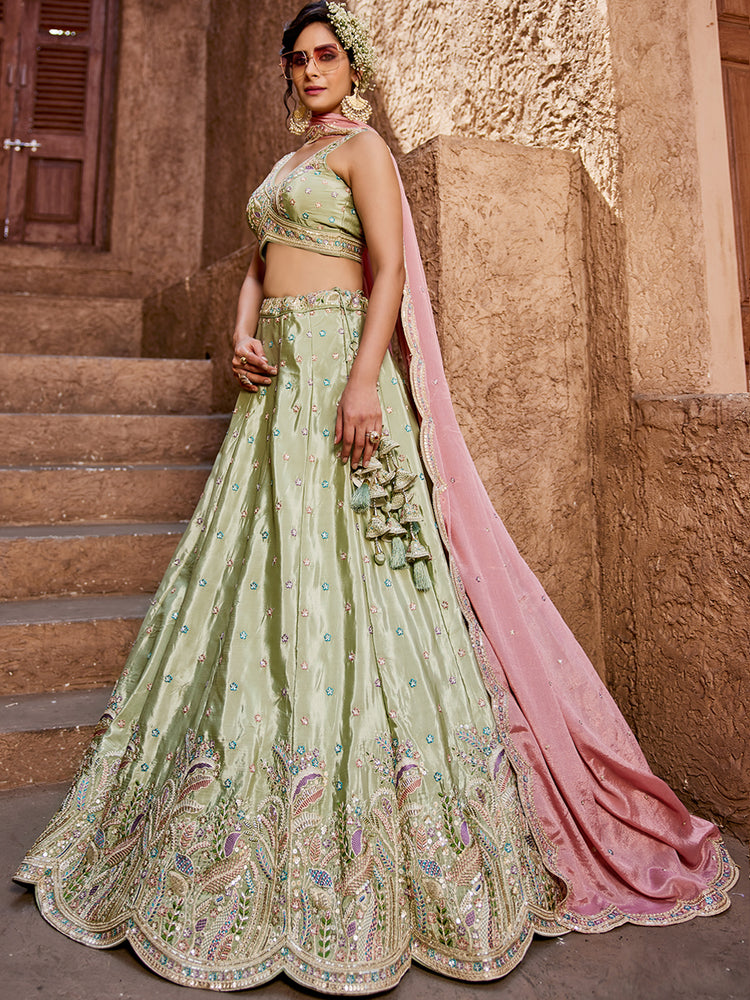 Lime Green Silk Semi-Stitched Lehenga Choli Set with Sequins & Thread Embroidery Clothsvilla
