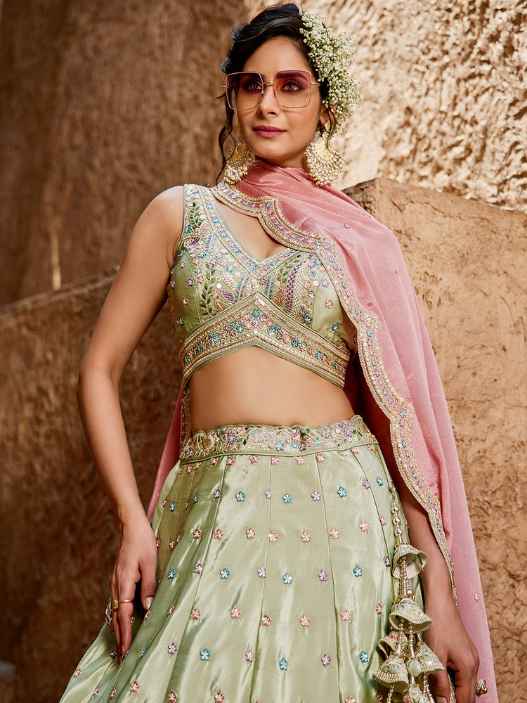 Lime Green Silk Semi-Stitched Lehenga Choli Set with Sequins & Thread Embroidery Clothsvilla