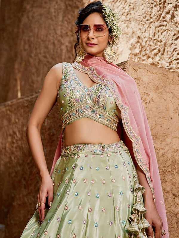Lime Green Silk Semi-Stitched Lehenga Choli Set with Sequins & Thread Embroidery Clothsvilla