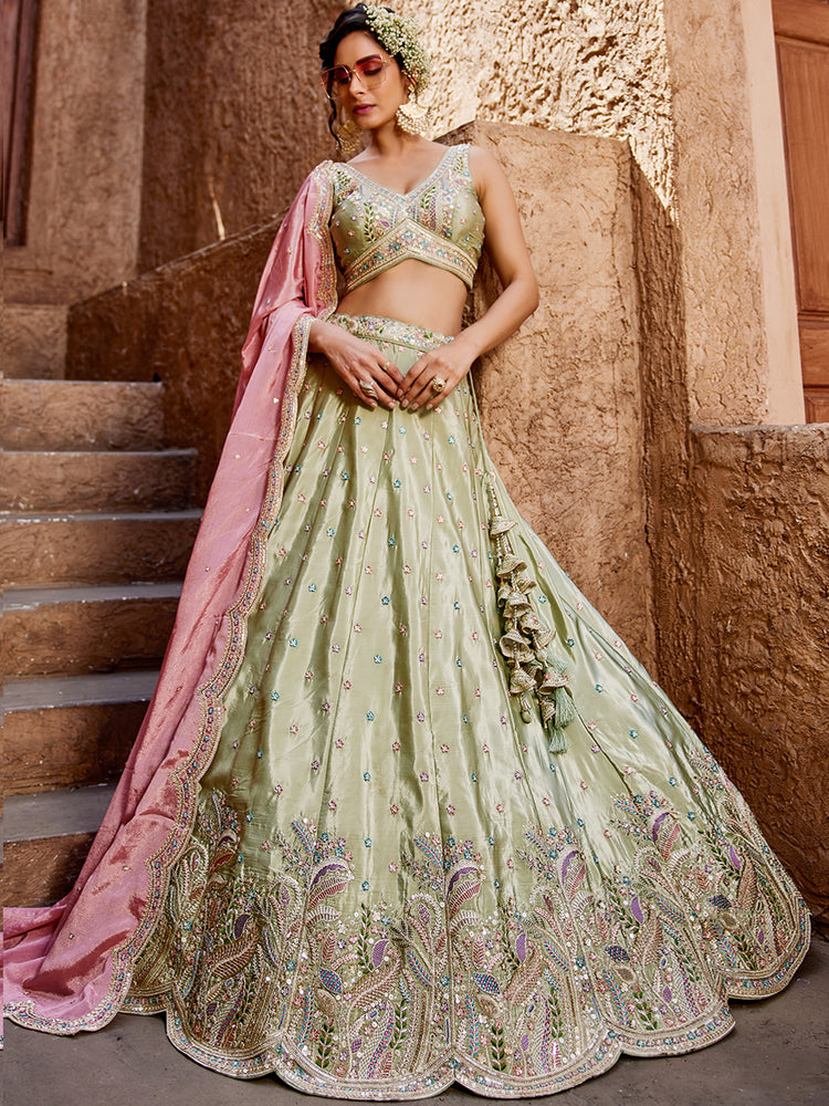 Lime Green Silk Semi-Stitched Lehenga Choli Set with Sequins & Thread Embroidery Clothsvilla