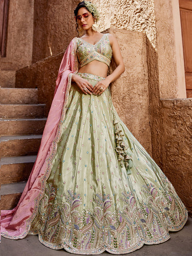 Lime Green Silk Semi-Stitched Lehenga Choli Set with Sequins & Thread Embroidery Clothsvilla