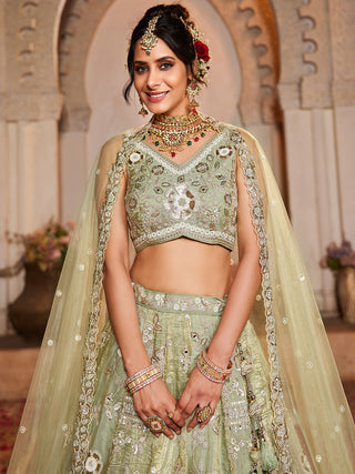 Lime Green Tissue Fabric Sequins embroidery Semi-Stitched Lehenga choli & Dupatta ClothsVilla