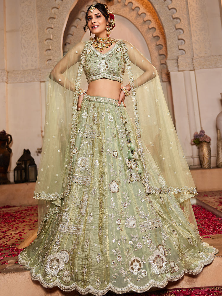 Lime Green Tissue Fabric Sequins embroidery Semi-Stitched Lehenga choli & Dupatta ClothsVilla Main image