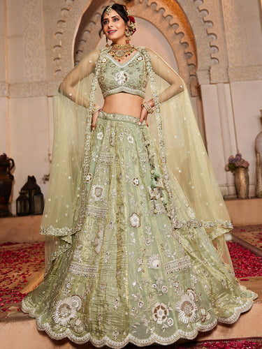 Lime Green Tissue Fabric Sequins embroidery Semi-Stitched Lehenga choli & Dupatta ClothsVilla