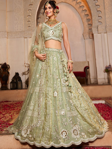 Lime Green Tissue Fabric Sequins embroidery Semi-Stitched Lehenga choli & Dupatta ClothsVilla