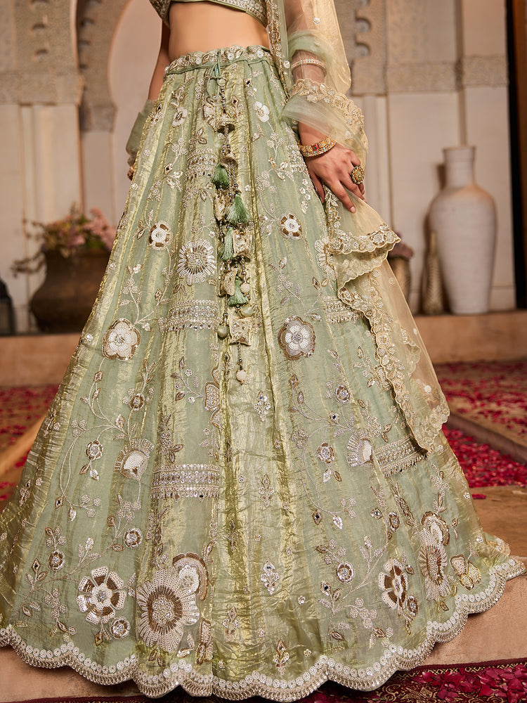Lime Green Tissue Fabric Sequins embroidery Semi-Stitched Lehenga choli & Dupatta ClothsVilla
