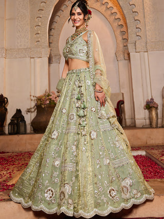 Lime Green Tissue Fabric Sequins embroidery Semi-Stitched Lehenga choli & Dupatta ClothsVilla