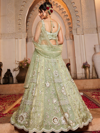 Lime Green Tissue Fabric Sequins embroidery Semi-Stitched Lehenga choli & Dupatta ClothsVilla