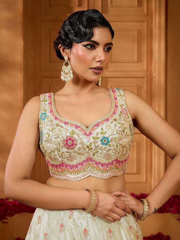 Lime Green Tissue Lehenga Choli with Sequins, Beads & Thread Embroidery – Full-Flared Semi-Stitched Lehenga with Dupatta ClothsVilla