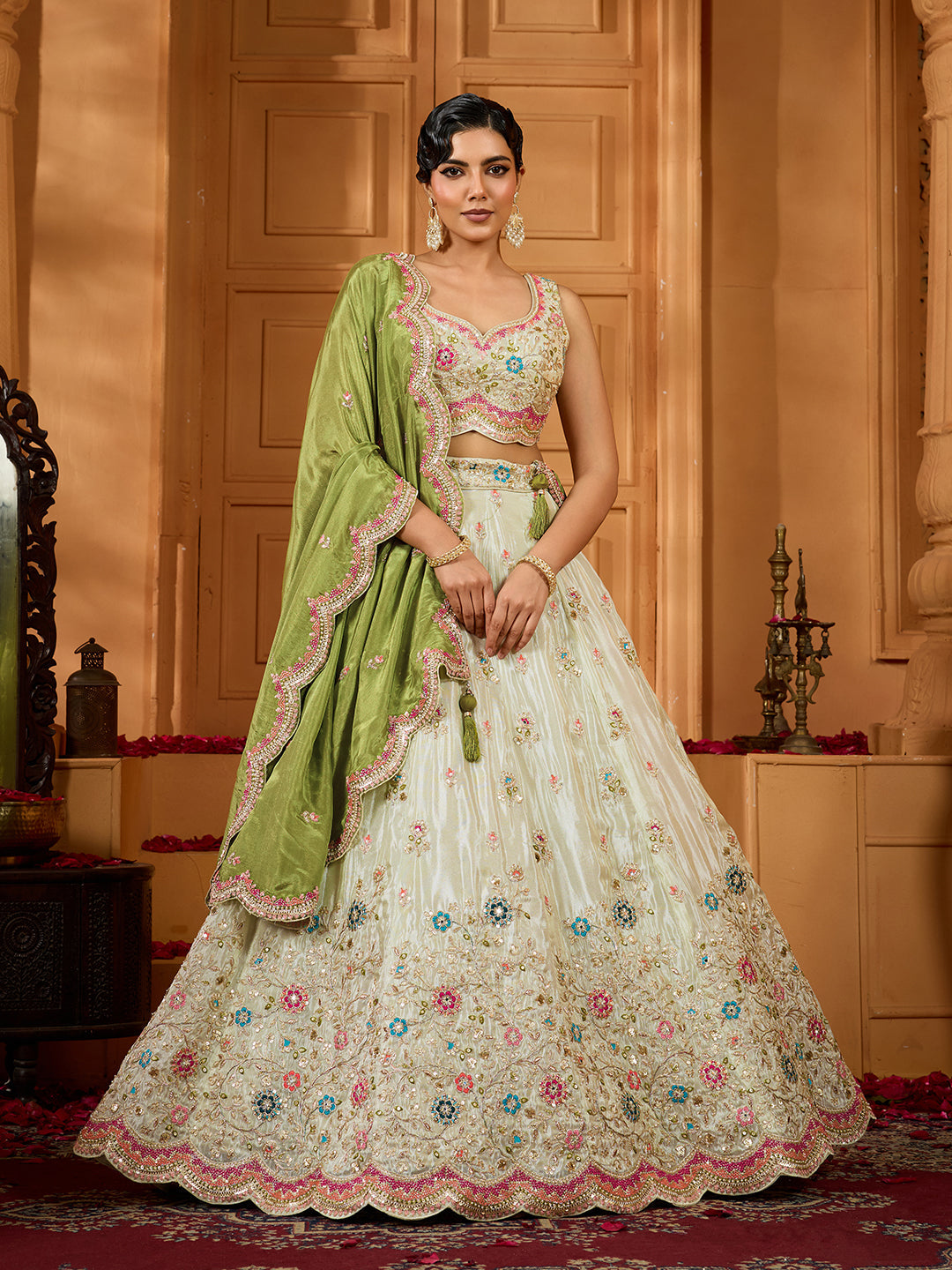 Lime Green Tissue Lehenga Choli with Sequins, Beads & Thread Embroidery – Full-Flared Semi-Stitched Lehenga with Dupatta ClothsVilla Main image