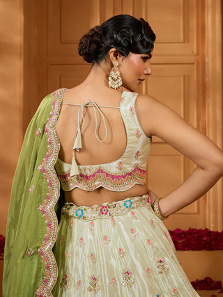 Lime Green Tissue Lehenga Choli with Sequins, Beads & Thread Embroidery – Full-Flared Semi-Stitched Lehenga with Dupatta ClothsVilla