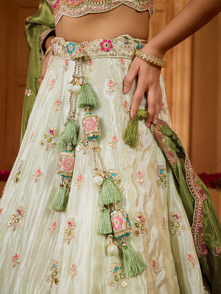 Lime Green Tissue Lehenga Choli with Sequins, Beads & Thread Embroidery – Full-Flared Semi-Stitched Lehenga with Dupatta ClothsVilla