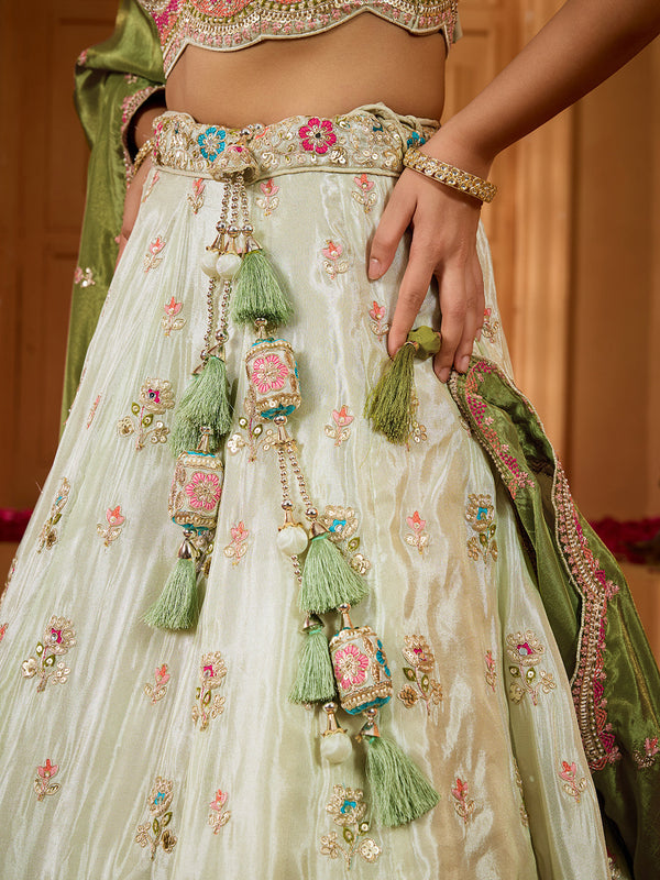 Lime Green Tissue Lehenga Choli with Sequins, Beads & Thread Embroidery – Full-Flared Semi-Stitched Lehenga with Dupatta ClothsVilla
