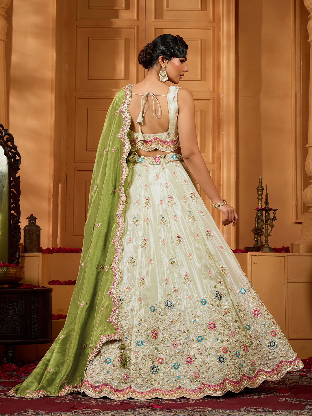 Lime Green Tissue Lehenga Choli with Sequins, Beads & Thread Embroidery – Full-Flared Semi-Stitched Lehenga with Dupatta ClothsVilla