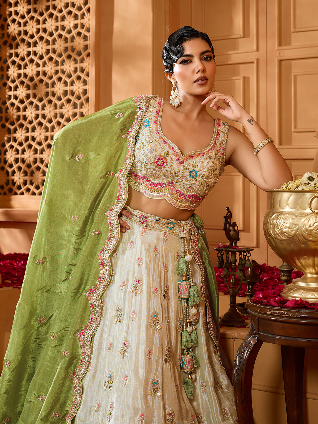 Lime Green Tissue Lehenga Choli with Sequins, Beads & Thread Embroidery – Full-Flared Semi-Stitched Lehenga with Dupatta ClothsVilla