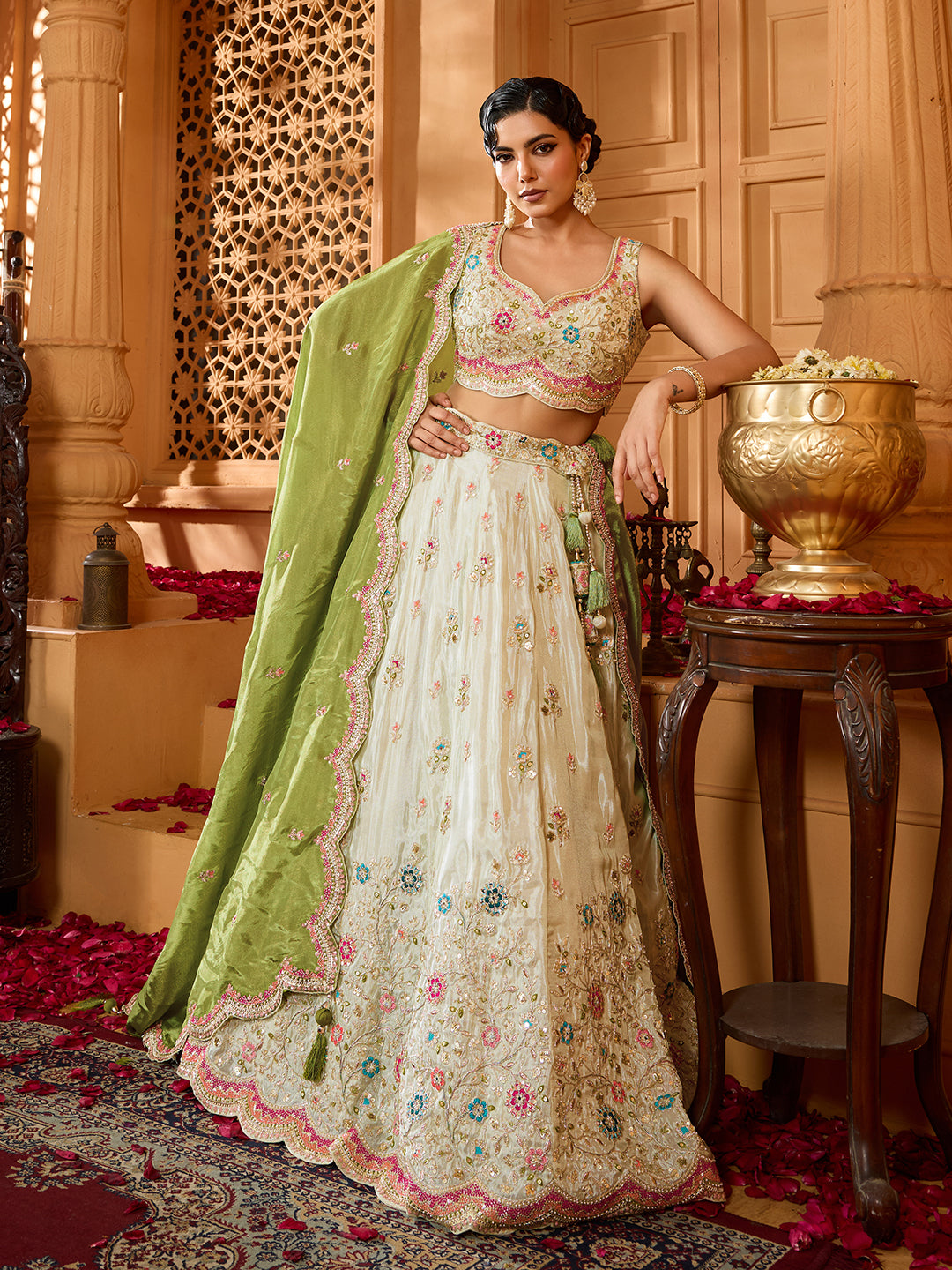 Lime Green Tissue Lehenga Choli with Sequins, Beads & Thread Embroidery – Full-Flared Semi-Stitched Lehenga with Dupatta ClothsVilla