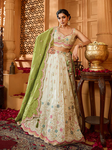 Lime Green Tissue Lehenga Choli with Sequins, Beads & Thread Embroidery – Full-Flared Semi-Stitched Lehenga with Dupatta ClothsVilla