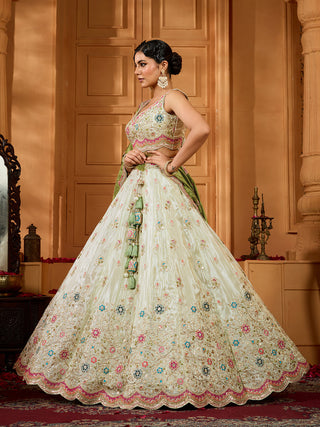 Lime Green Tissue Lehenga Choli with Sequins, Beads & Thread Embroidery – Full-Flared Semi-Stitched Lehenga with Dupatta ClothsVilla