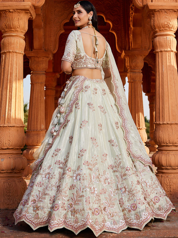 Lime Green Tissue Sequinse embroidery Semi-Stitched Lehenga choli & Dupatta ClothsVilla
