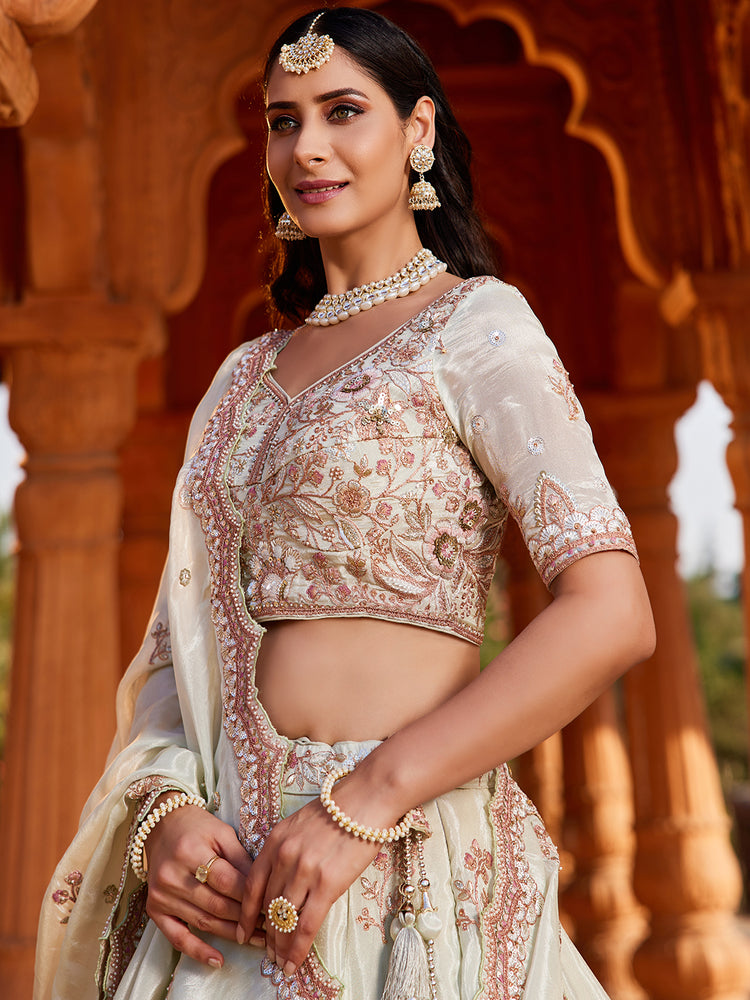 Lime Green Tissue Sequinse embroidery Semi-Stitched Lehenga choli & Dupatta ClothsVilla