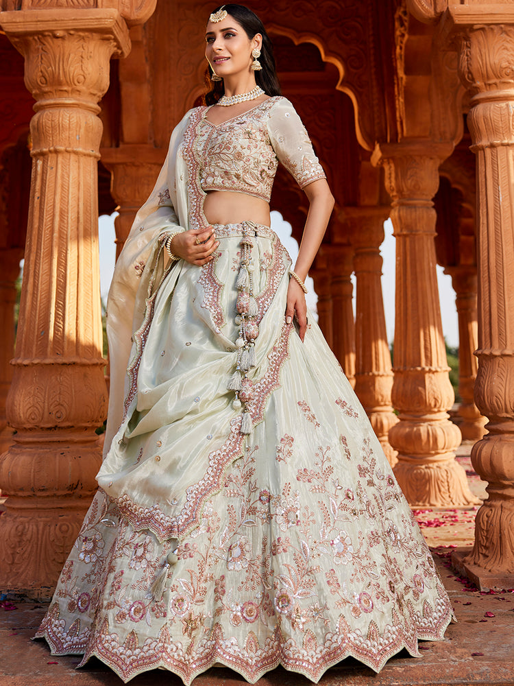 Lime Green Tissue Sequinse embroidery Semi-Stitched Lehenga choli & Dupatta ClothsVilla
