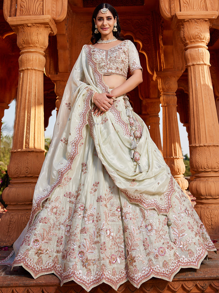 Lime Green Tissue Sequinse embroidery Semi-Stitched Lehenga choli & Dupatta ClothsVilla