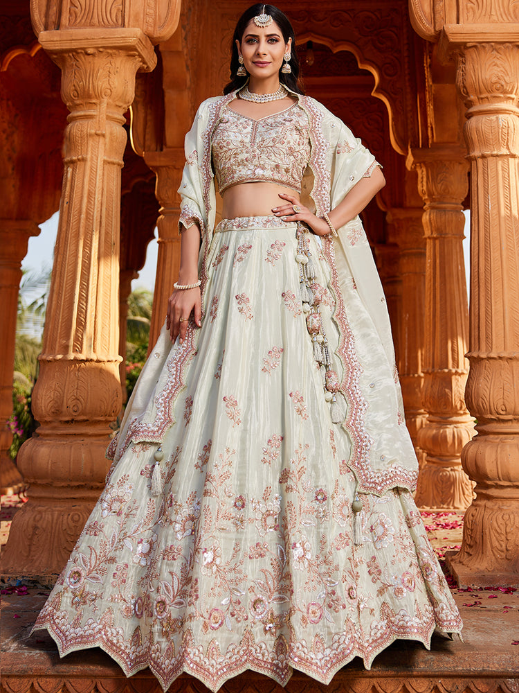 Lime Green Tissue Sequinse embroidery Semi-Stitched Lehenga choli & Dupatta ClothsVilla
