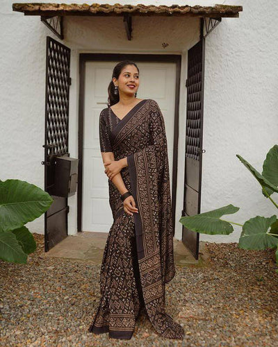 Black Pure Cotton  Linen Saree Weaved With  Zari Comes With Tassels LINEN
