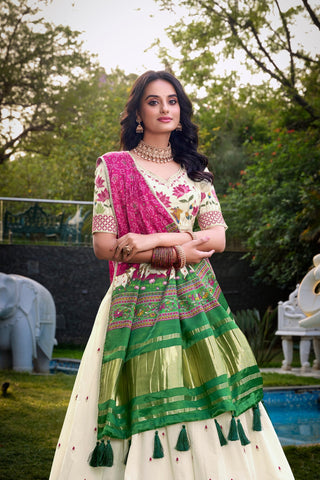 Lotus Traditional Khadi Cotton Embroidered Lehenga Set with Printed Gaji Silk Dupatta & Tassels ClothsVilla