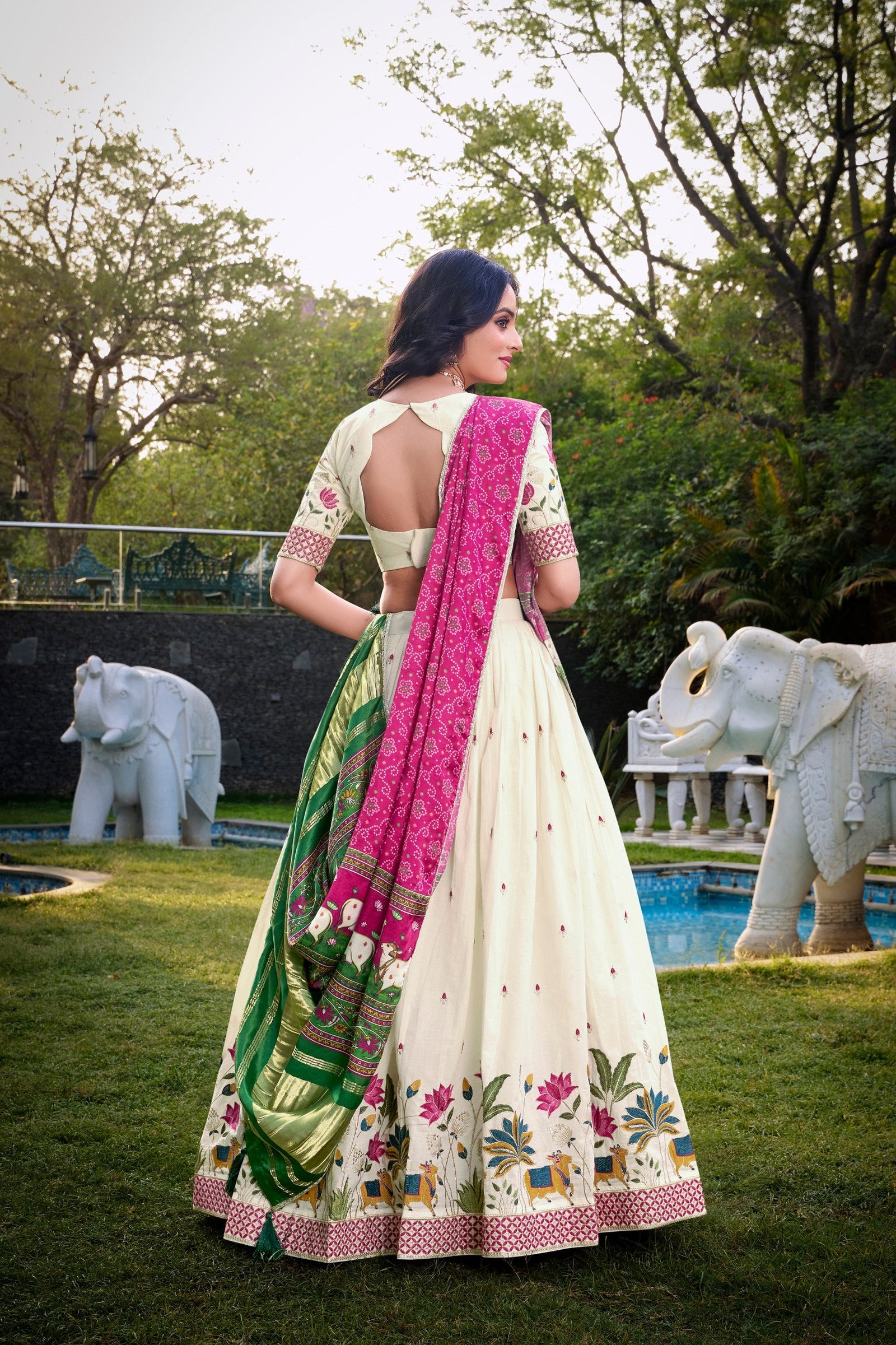 Lotus Traditional Khadi Cotton Embroidered Lehenga Set with Printed Gaji Silk Dupatta & Tassels ClothsVilla
