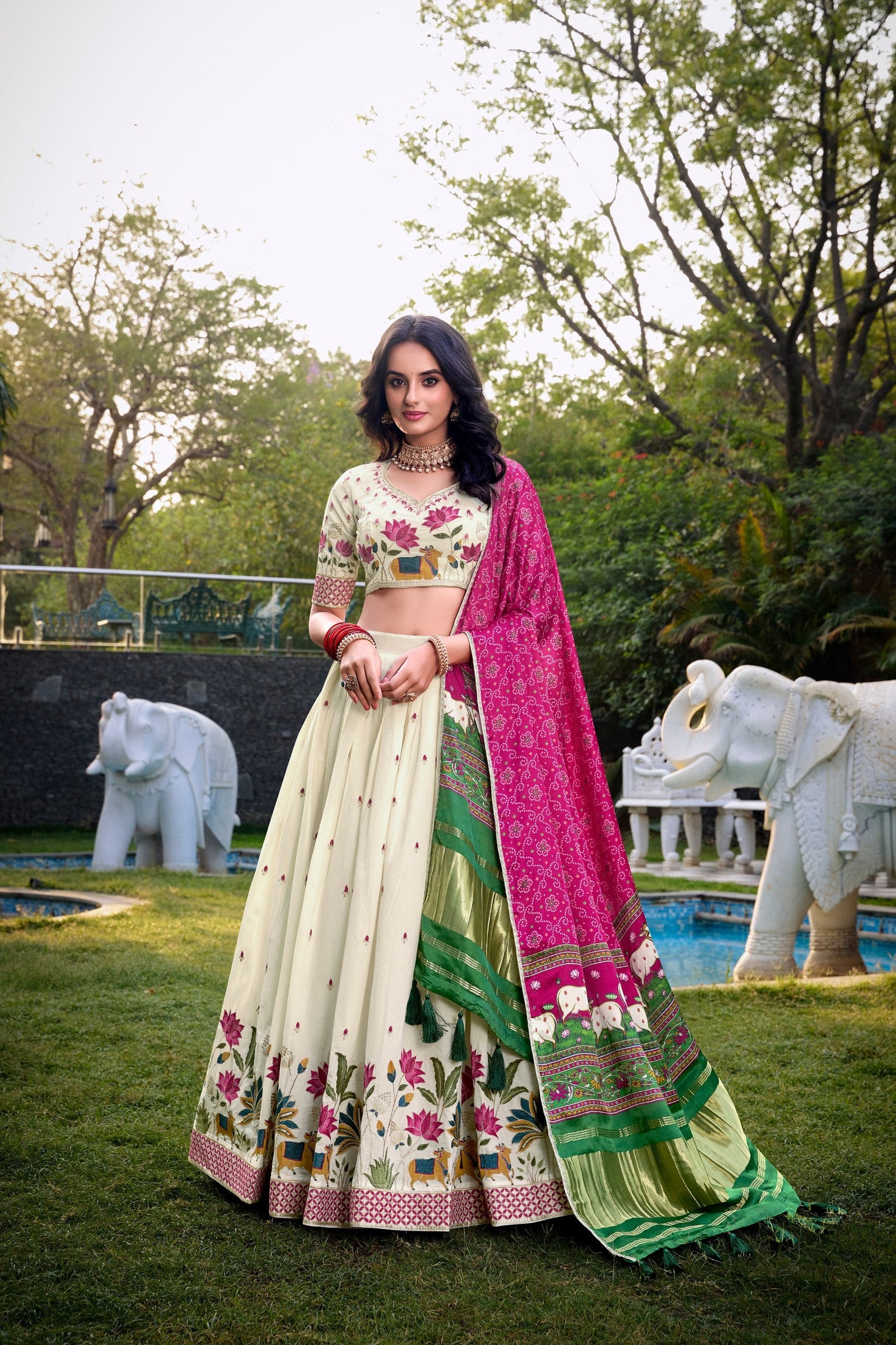 Lotus Traditional Khadi Cotton Embroidered Lehenga Set with Printed Gaji Silk Dupatta & Tassels ClothsVilla