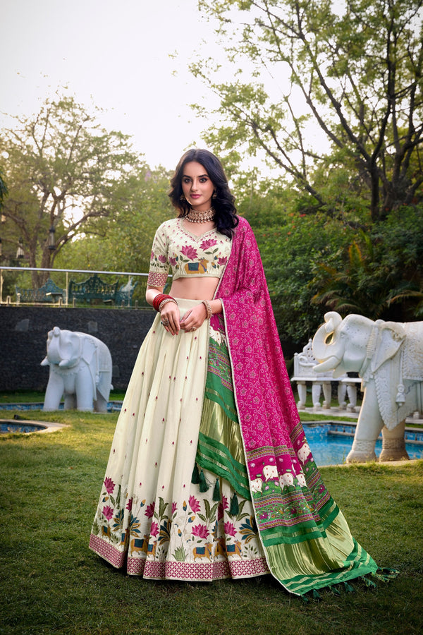 Lotus Traditional Khadi Cotton Embroidered Lehenga Set with Printed Gaji Silk Dupatta & Tassels ClothsVilla