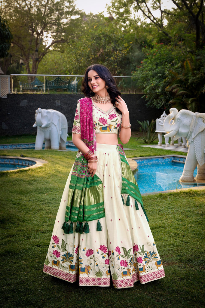 Lotus Traditional Khadi Cotton Embroidered Lehenga Set with Printed Gaji Silk Dupatta & Tassels ClothsVilla