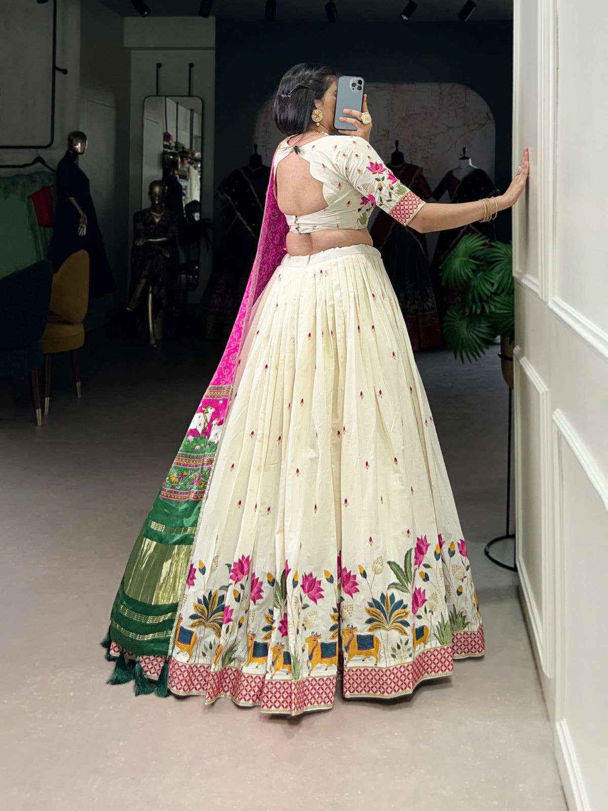 Lotus Traditional Khadi Cotton Embroidered Lehenga Set with Printed Gaji Silk Dupatta & Tassels ClothsVilla