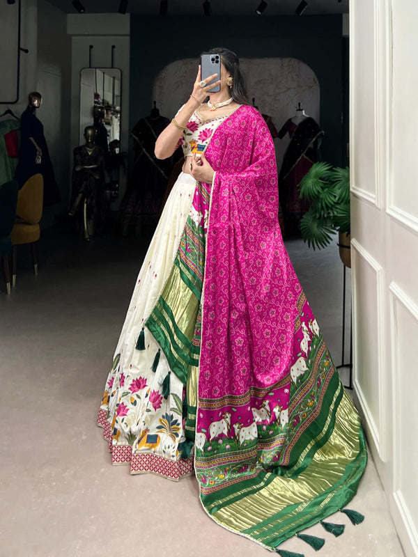 Lotus Traditional Khadi Cotton Embroidered Lehenga Set with Printed Gaji Silk Dupatta & Tassels ClothsVilla