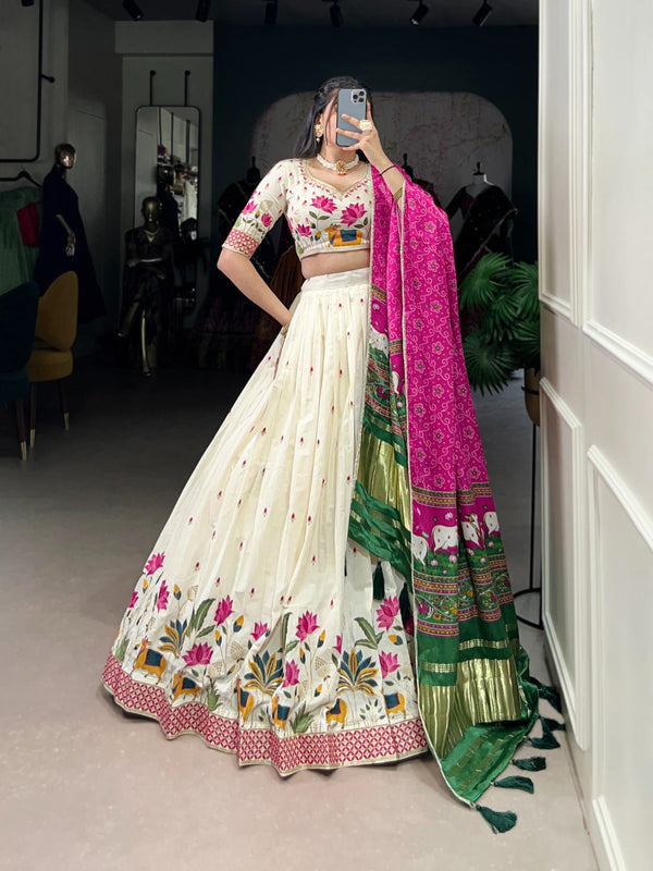 Lotus Traditional Khadi Cotton Embroidered Lehenga Set with Printed Gaji Silk Dupatta & Tassels ClothsVilla