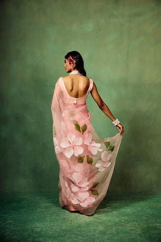 Blush Pink Pure Organza Hand-Painted Saree with White Floral Motifs & Sequins | With Modal Satin Blouse FANCY SAREES