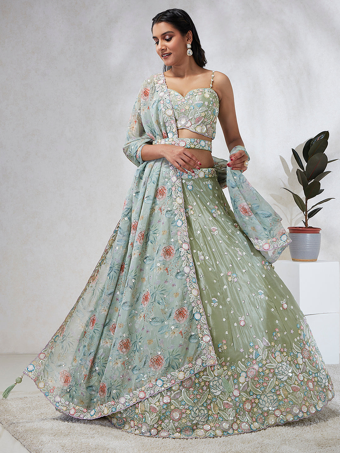 Luminous Lime Green Chiffon Lehenga Choli Set - Sequins & Thread Embroidery ClothsVilla Main image