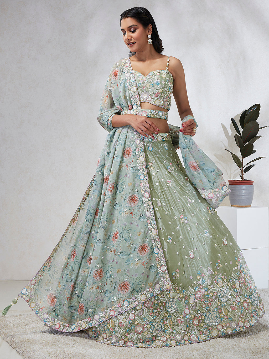 Luminous Lime Green Chiffon Lehenga Choli Set - Sequins & Thread Embroidery ClothsVilla