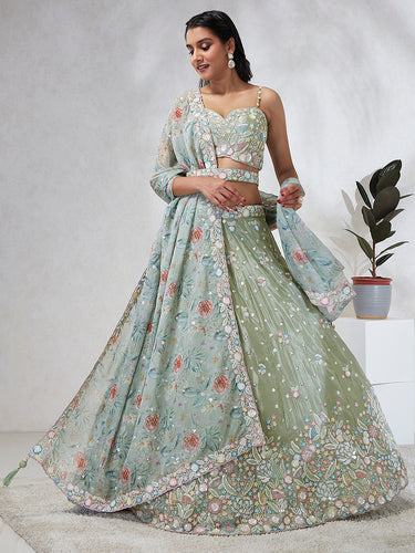 Luminous Lime Green Chiffon Lehenga Choli Set - Sequins & Thread Embroidery ClothsVilla