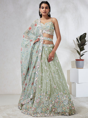 Luminous Lime Green Chiffon Lehenga Choli Set - Sequins & Thread Embroidery ClothsVilla