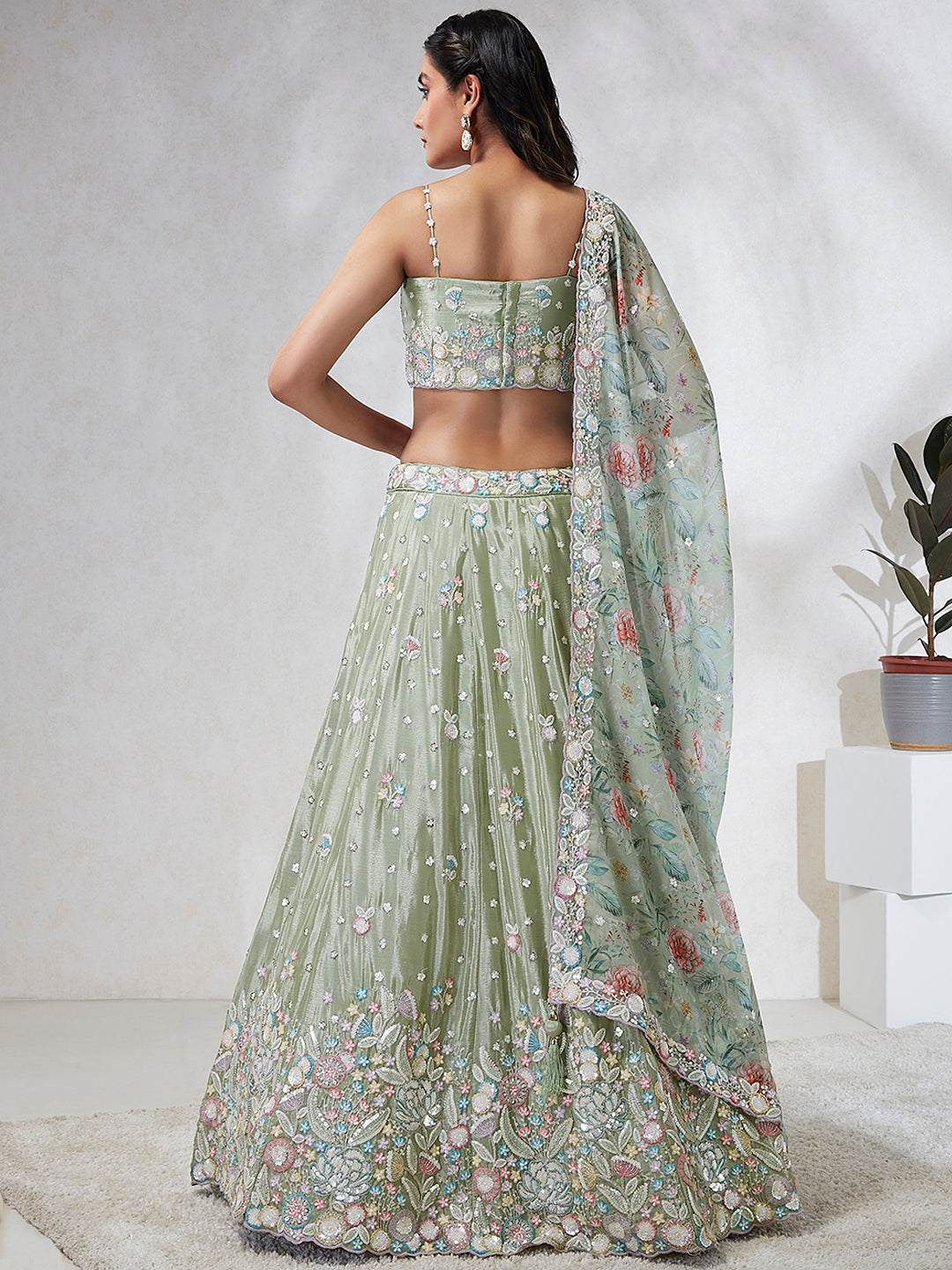 Luminous Lime Green Chiffon Lehenga Choli Set - Sequins & Thread Embroidery ClothsVilla