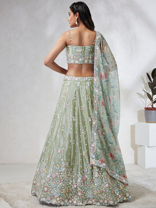 Luminous Lime Green Chiffon Lehenga Choli Set - Sequins & Thread Embroidery ClothsVilla