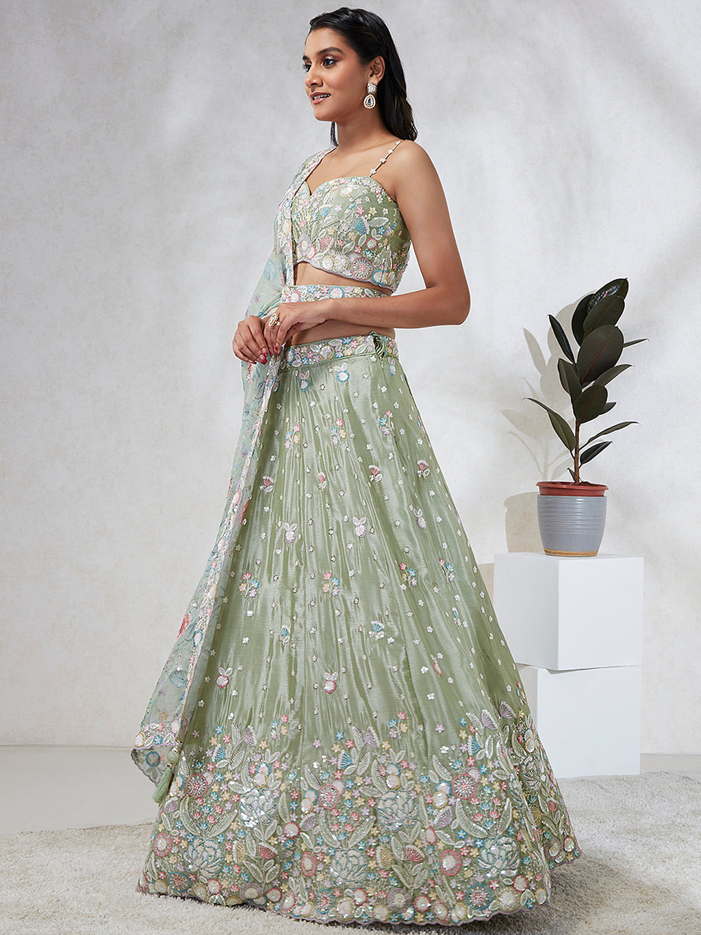Luminous Lime Green Chiffon Lehenga Choli Set - Sequins & Thread Embroidery ClothsVilla