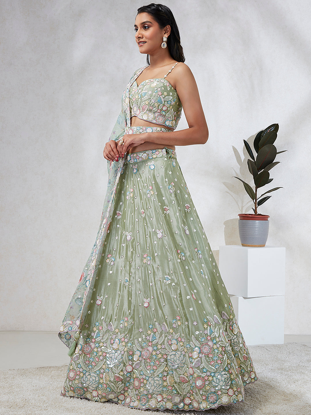 Luminous Lime Green Chiffon Lehenga Choli Set - Sequins & Thread Embroidery ClothsVilla