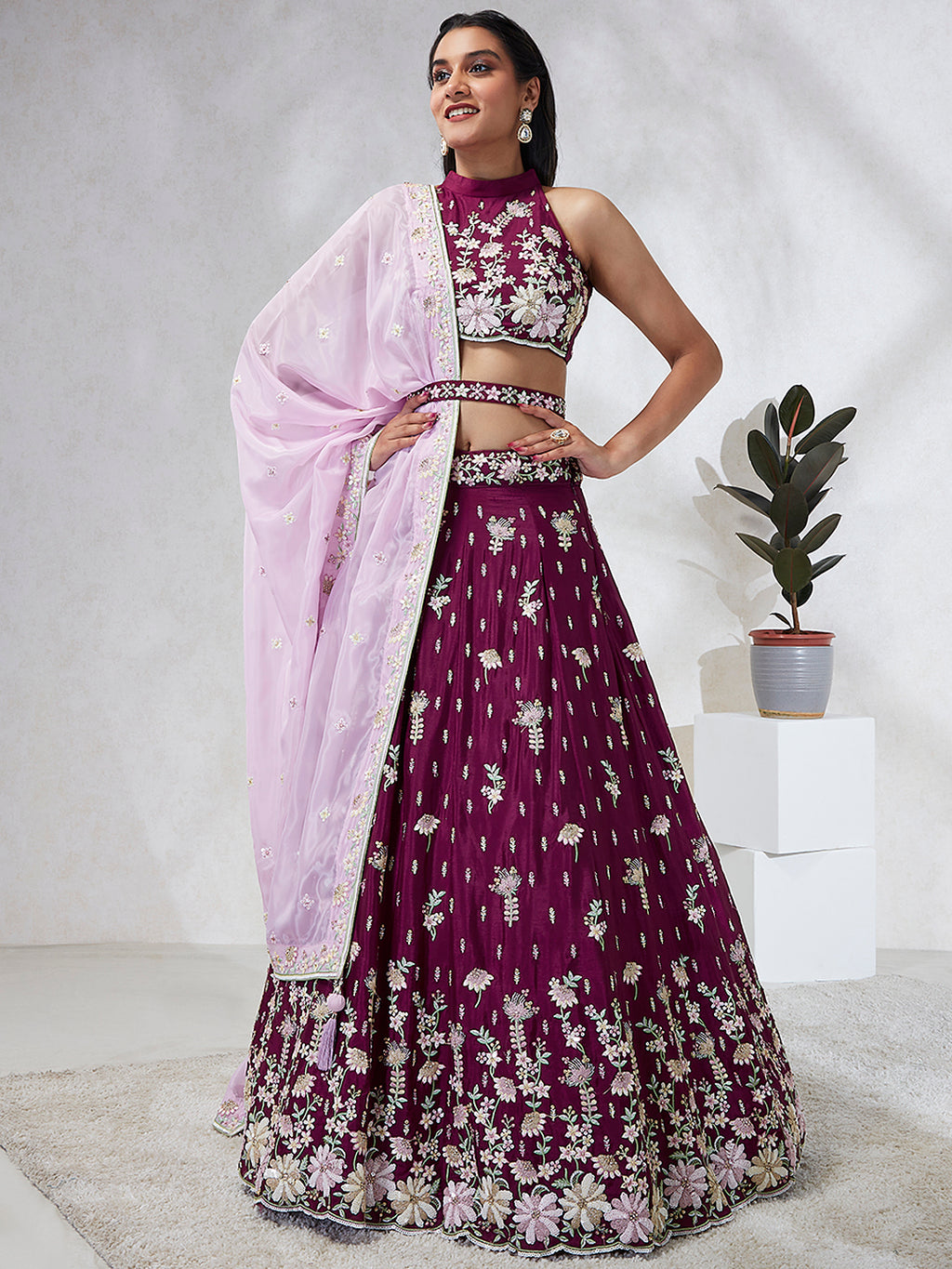 Luxurious Burgundy Sequinned Lehenga Choli Set - Embroidered Elegance ClothsVilla