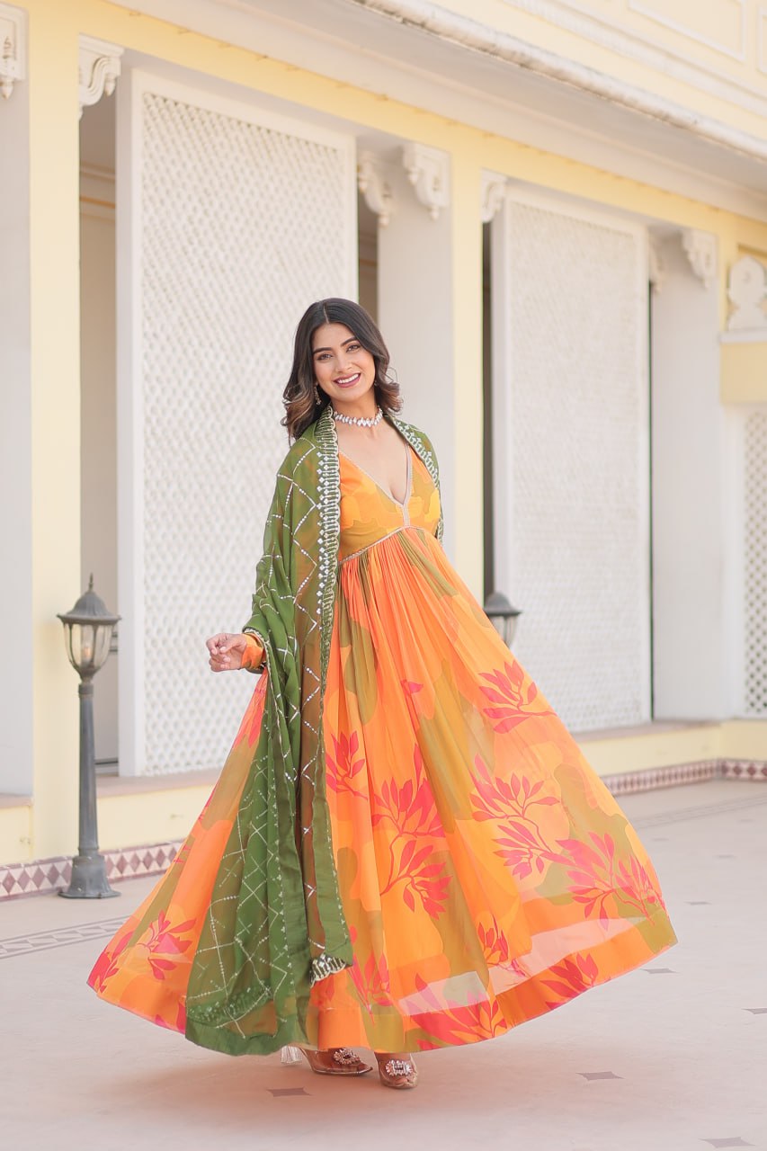 Luxurious Digital Print Alia Cut Orange Gown with Embroidered Dupatta Set ClothsVilla