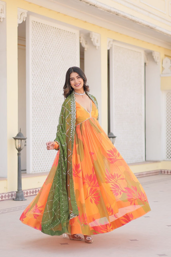 Luxurious Digital Print Alia Cut Orange Gown with Embroidered Dupatta Set ClothsVilla